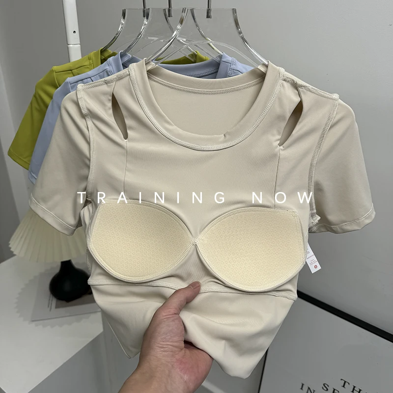 

Yoga suit with chest pad for women's summer sports tops for jogging short-sleeved T-shirt with high-end Pilates training