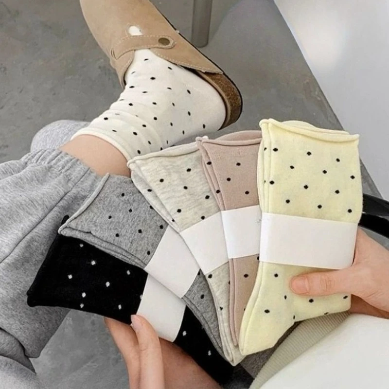 

New Fashion Cuffed Socks Japanese Style Summer Thin Black and White Polka Dot Crew Sock Female Sweet JK Versatile Mid Calf Socks