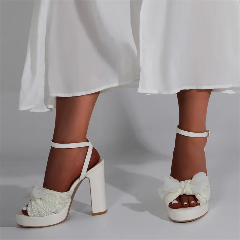 IPPEUM Women Platform Sandals White New High Heeled Bowknot Ankle Buckle Strap Chunky Square Heel Wedding Shoes