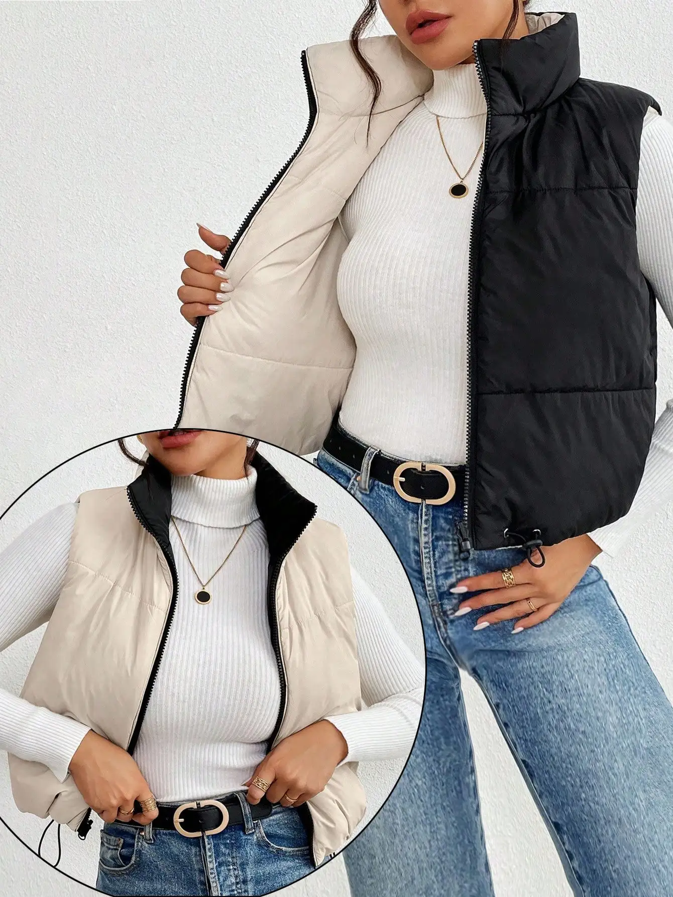 

Women's Reversible Padded Sleeveless Zip-Up Vest, Winter Warm Casual Jacket