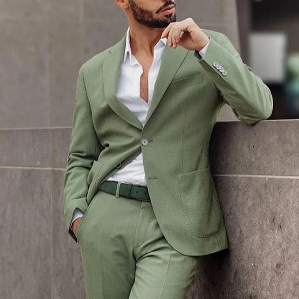 Light Green Notch Lapel Blazer Trousers Men Suits Tuxedo Prom Costume Homme Formal Wedding Clothing Big Pocket 2pcs Jacket Pants