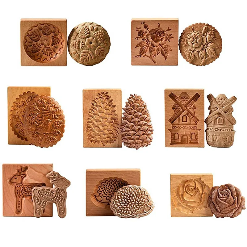 Cookie Molds for Baking Wooden Cookie Cutter 3D Gingerbread Cookies Moulds Press Cake Embossing Pumkin Bakery Gadgets Stamps