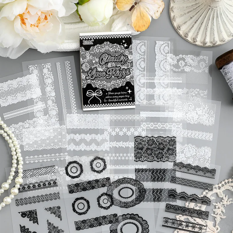 20Pcs Lace Holiday Series PET Sticker Bag Vintage Lace Frame Stickers DIY Scrapbooking Journal Decor Decals