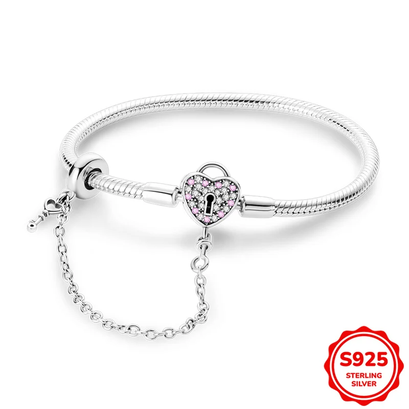 

Bracelet 925 Sterling Silver 17-20 CM Heart-shaped Key And Lock Basic Chain Bracelet Fit Charms Beads Fashion Women Jewelry