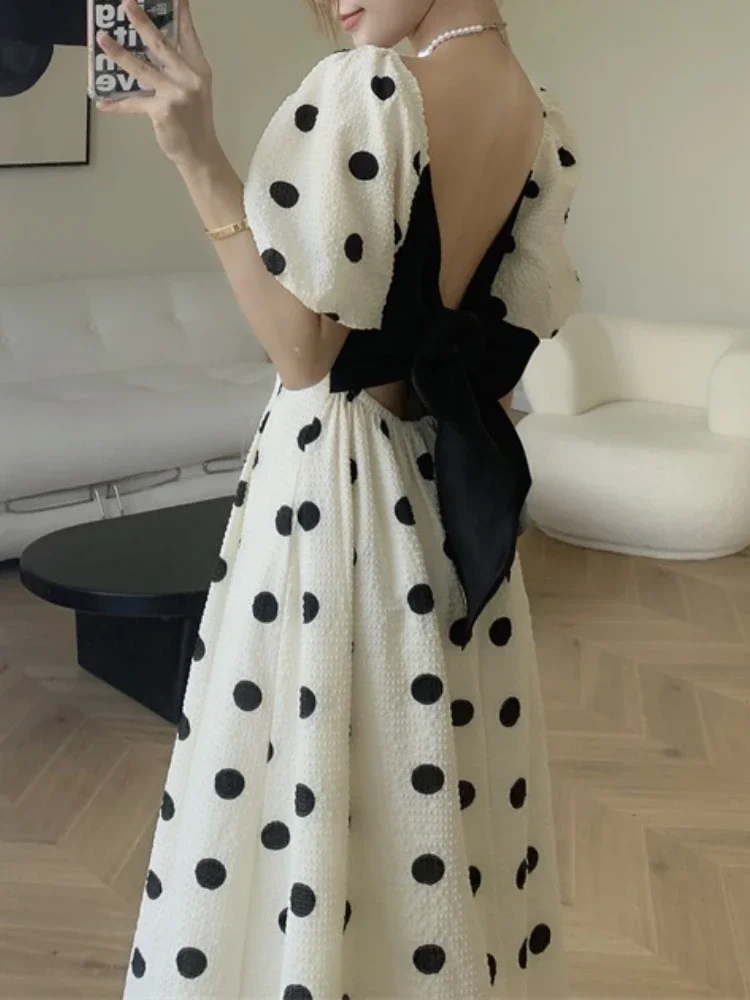 

Summer Women Elegant Polka Dot Midi Dress Lady Sexy Backless A-Line Prom Vestidos Female Fashion Party Clothes