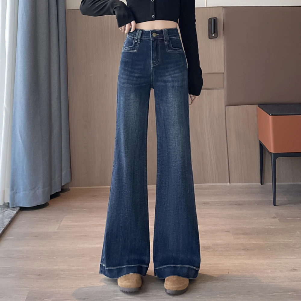 

Весенне-осенние женские прямые ковбойские джинсы, 2025 г., женские широкие джинсовые брюки с высокой талией, женские расклешенные джинсы в стиле ретро