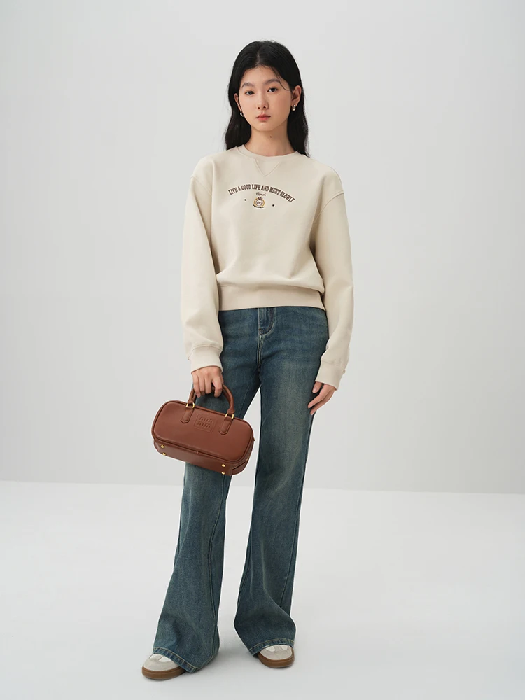 ZIQIAO Preppy Style Embroidered Loose Sweatshirt for Women 2024 Spring New Versatile Casual Round Neck Pullover Female