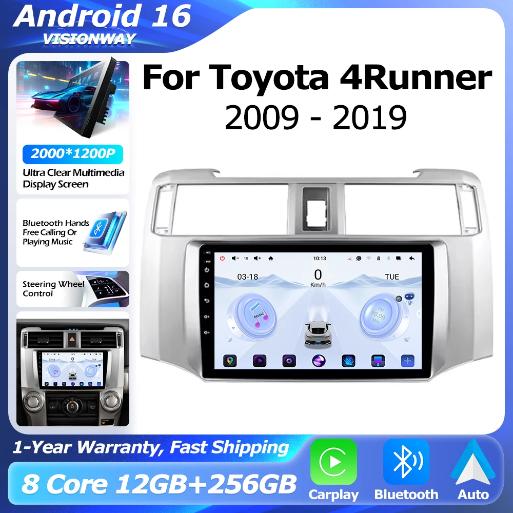 Android 16 QLED 2000*1200P 8 Core For Toyota 4Runner 2009-2019 Multimedia Player Auto Wireless CarPlay WIFI 4G BT