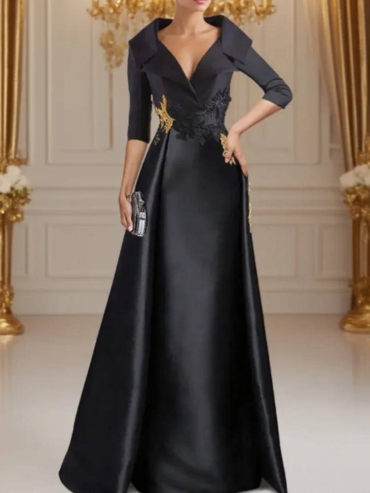 فستان سهرة أنيق فستان رسمي طول الأرض 3/4 كم طول ياقة قميص على شكل حرف A من الساتان مع زينة مخصصة