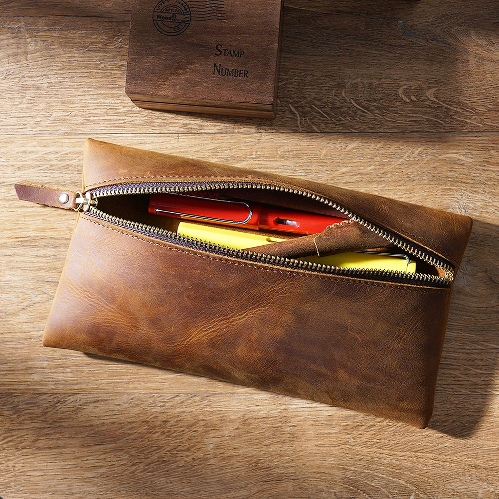 Multi-functional Pencil Case Cowhide Retro Zipper Pencil Case Creative Portable Stationery Bag Simple Storage Bag Large Capacity