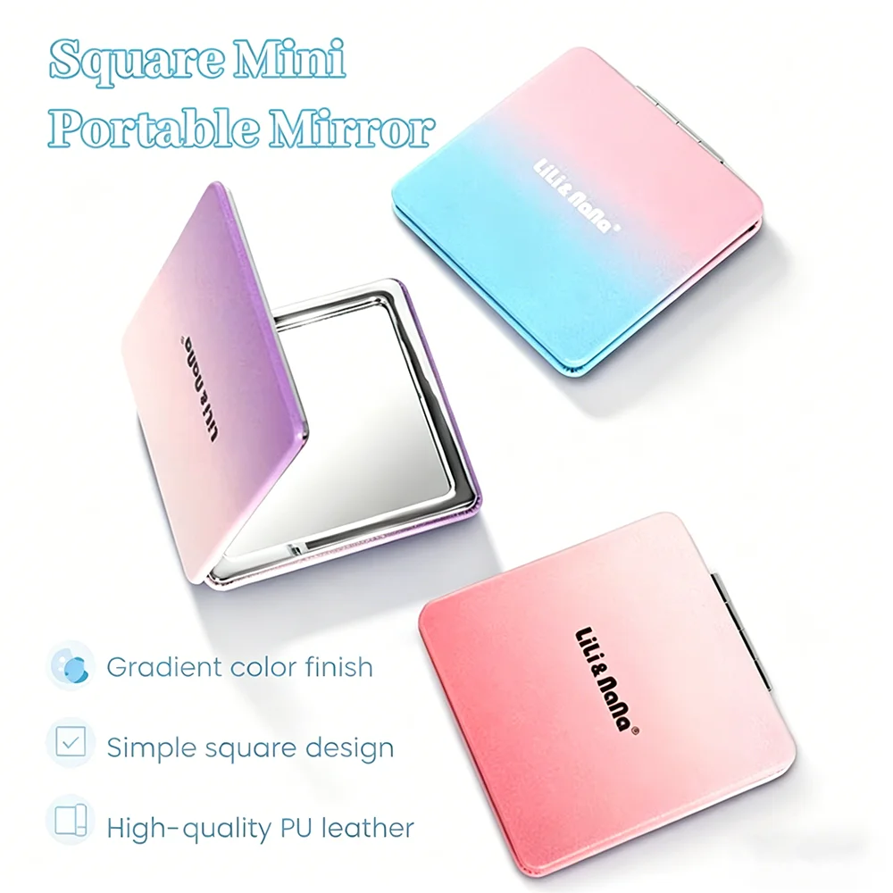 Square Portable Mirror Gradient PU Leather Folding Mirror Lightweight Pocket Mirror For Quick Makeup Touch-Up