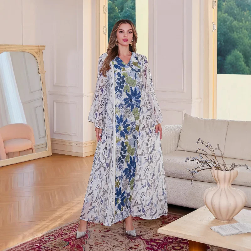

Muslim Dubai Abaya Women's Arabic DressabayaMiddle Eastern Printed Sequin Robe