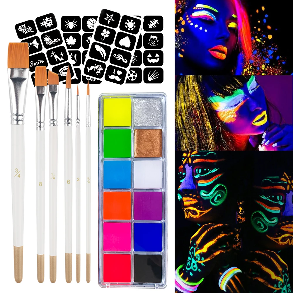 12 Colors UV Glow Face Body Paint Kit with 6 Brushes & 4 Sheets Stencils,Neon Fluorescent Water-Based Makeup Palette Halloween
