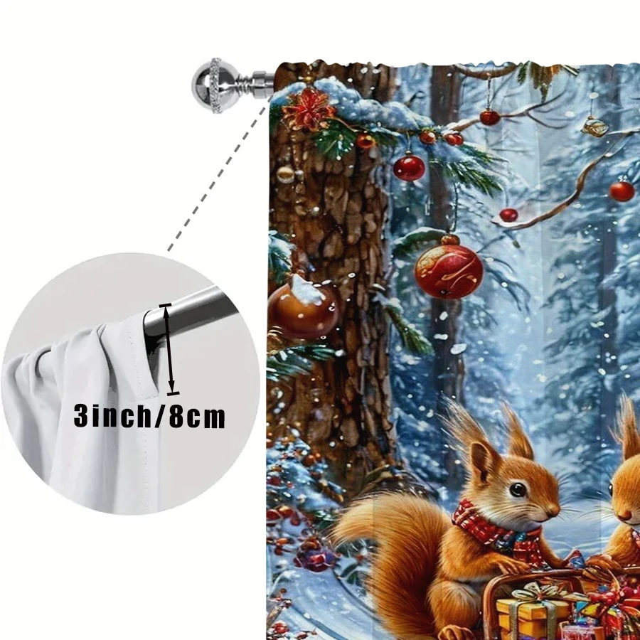 2PCS Squirrel Sleigh Christmas Curtains, Winter Forest Gift Box Snowy Tree, Animal Holiday Window Drapes for Bedroom Living Room