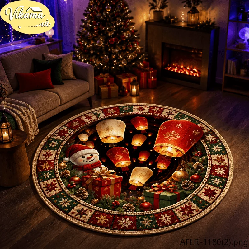 VIKAMA 3D Sky Lantern Round Rug Flannel Non Slip Circular Carpet Snowman Flying Light Gift Pattern Living Room Floor Mat Xmas