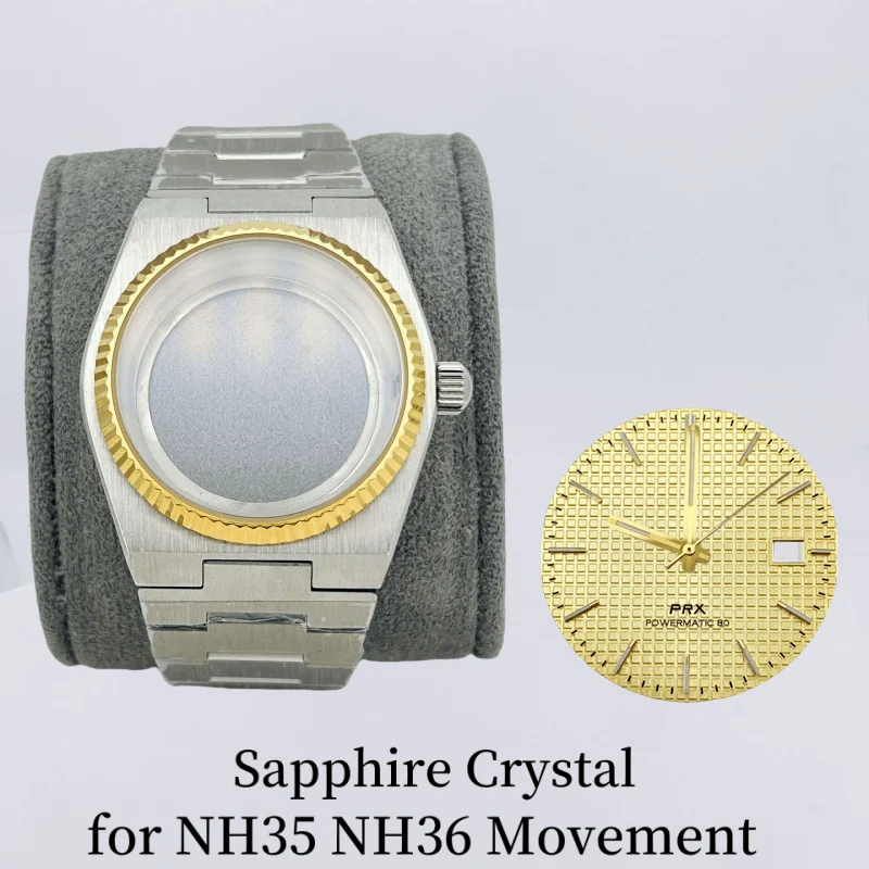 40 مللي متر الفضة الذهب حزام مجموعة ل تعديل PRX لاعب حافظة NH35 NH70 NH36/4R/7S حركة الياقوت الزجاج من خلال أسفل لا شعار