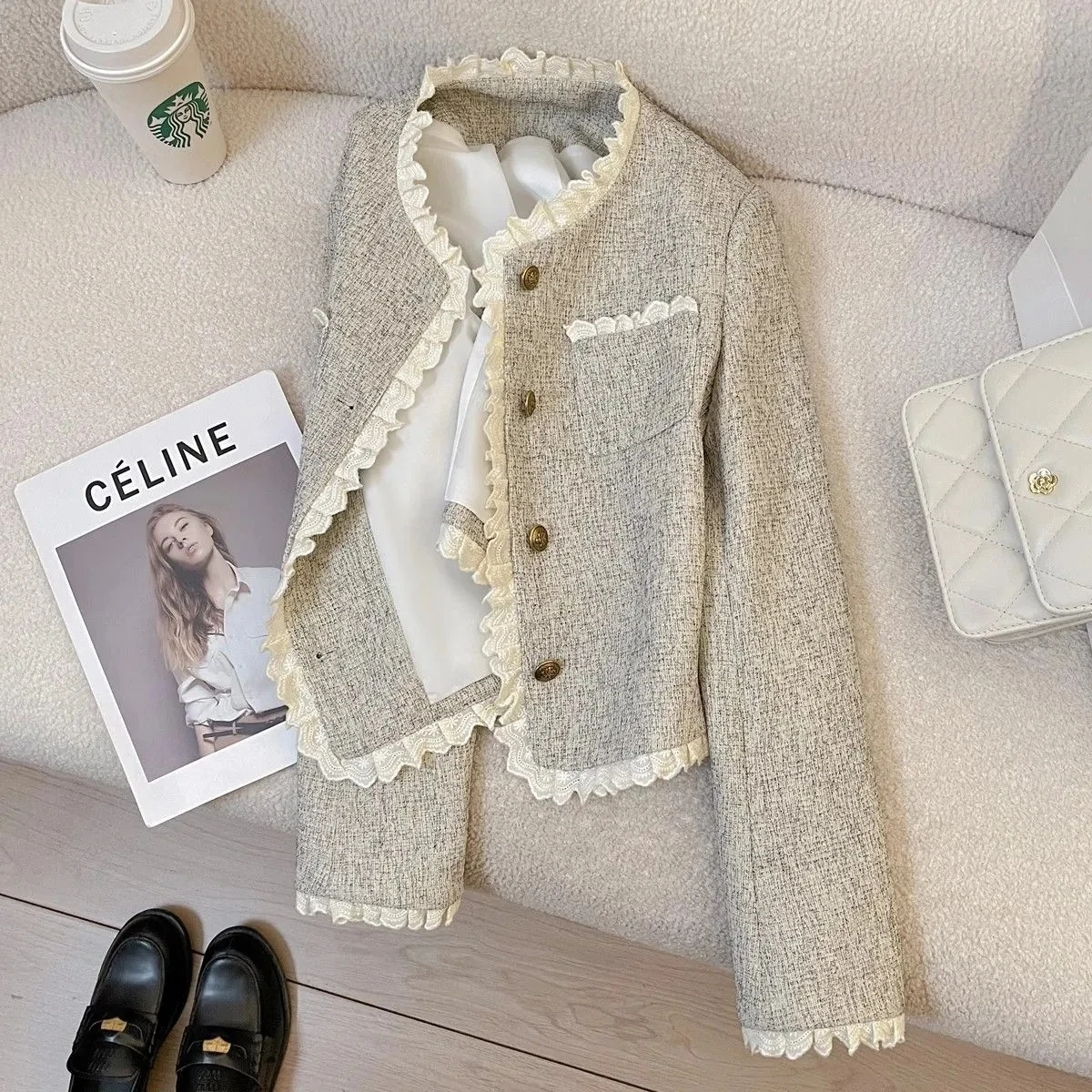 

Women's 2025 New Spring Grey Lace Splicing Fragrant Short Coat Jackets