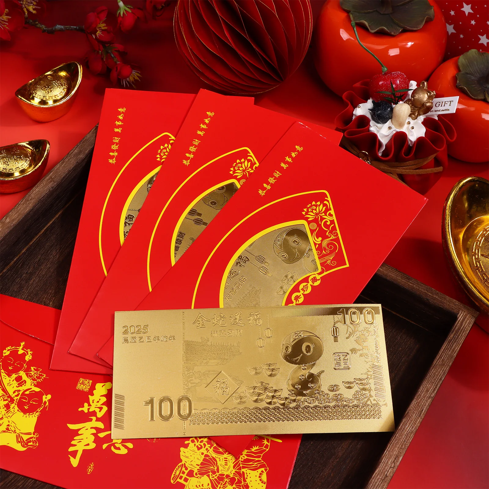 20Pcs Chinese Year Gold Commemorative Banknotes Snake Year Gold Banknotes With Red Money Envelopes Hong Bao Lucky Zodiac Blessin