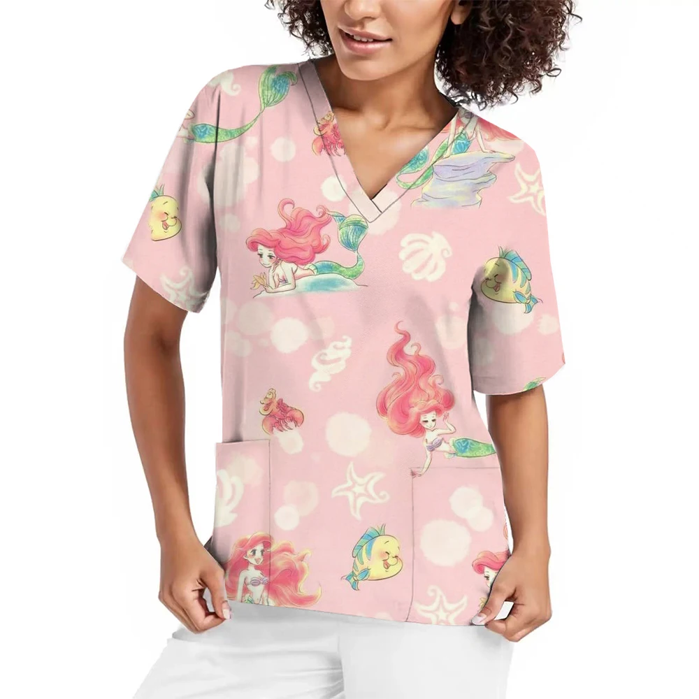 Uniforme d'Infirmière Imprimé Princesse Disney pour Femme, Robe Génératrice à Col en V, Vêtements de Travail à Manches Courtes pour Clinique Dentaire, Blanche Neige, Hôpital pour Animaux de Compagnie