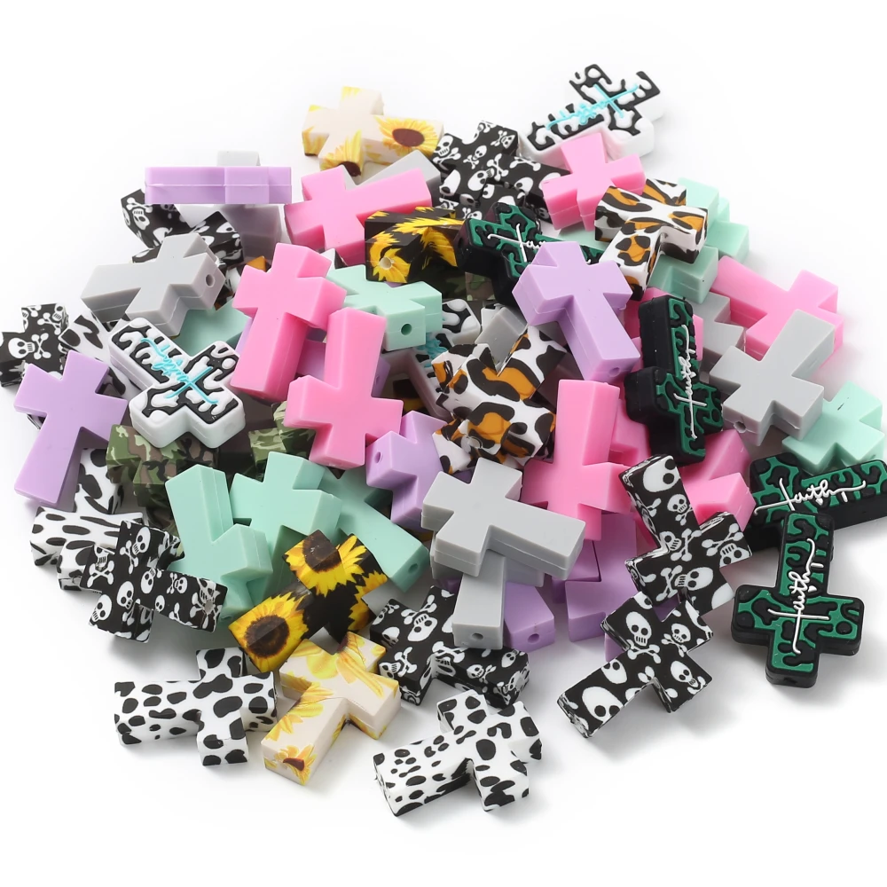 10Pcs 22x31mm Colorful Cross Shape Silicone Beads Print Leopard Teether Bead Handmade Jewelry Making DIY Necklace Pacifier Chain