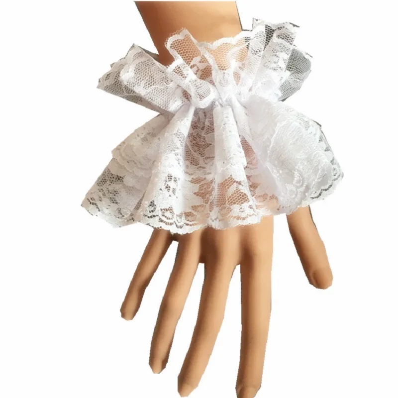 1 ペア ロリータ ハンドスリーブ リストカフス フリル付き花柄ブラックレース弾性ブレスレット ショートグローブ 花柄フリル付きカフス リストバンド