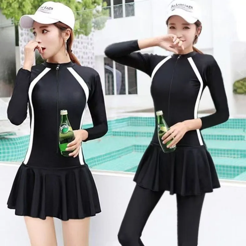 Full-Coverage Swimsuit for Students | Long Sleeve & Pant Rash Guard Dress for Sun Protection, Slimming Hot Spring & Dive Wear