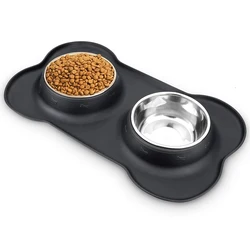 Tigela de cachorro dupla antiderrapante com esteira de silicone, aço inoxidável durável, alimentador de água, pet feeding, tigelas para cães e gatos