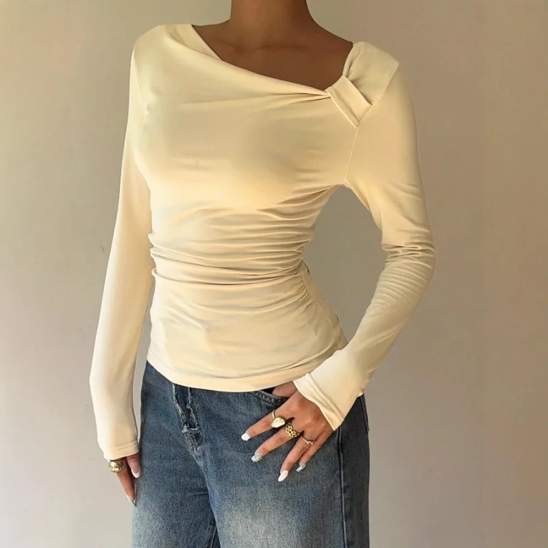 Cor sólida de manga comprida estilo casual feminino em torno do pescoço outono novo ajuste fino plissado irregular versátil topo