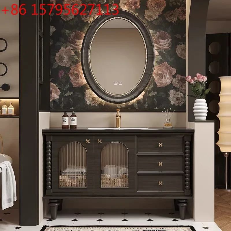 

French retro oak floor-to-ceiling bathroom cabinet combined bathroom washing slate seamless basin mirror cabinet