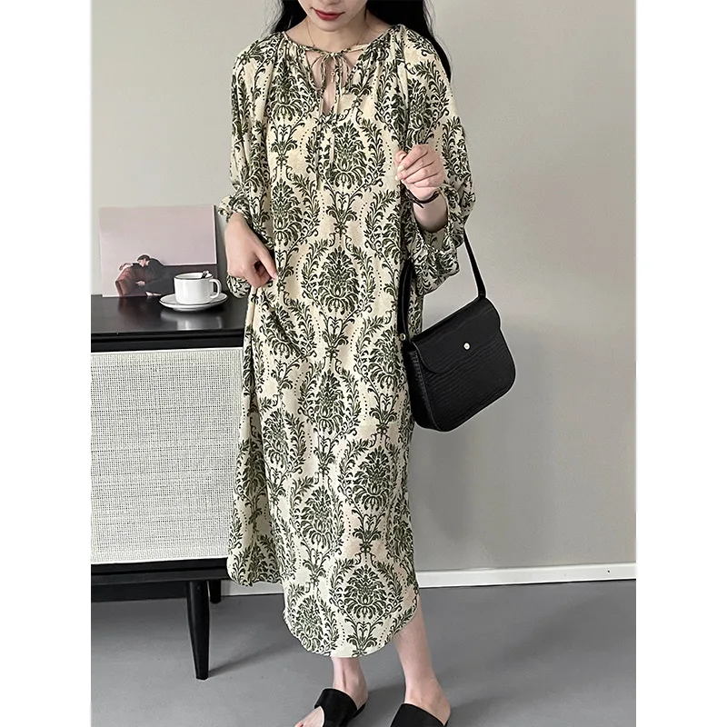 

Summer Women Green Flower Printed Chiffon Long Sleeve Thin Dress Lantern Sleeve O-neck Loose Beach Dresses for Pregnant 7-5