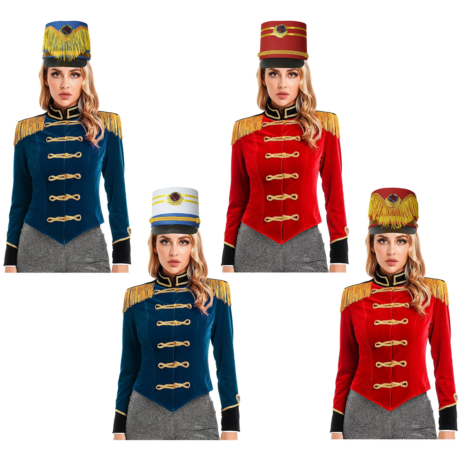 Halloween Circus Ringmaster Drummer Costume Womens Long Sleeve Fringe Epaulet Jacket with Hat for Party Performance Coat Sets