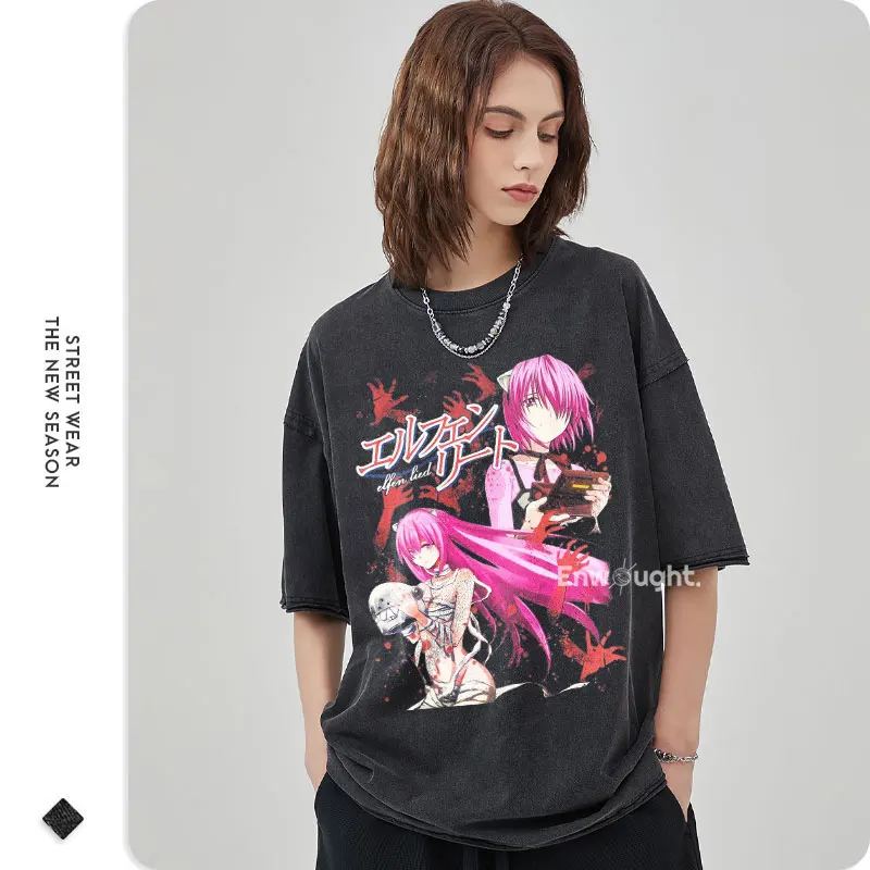 Anime Elfen Lied T Shirt Vintage Washed Y2K Manga Pattern Top Tees Oversized Short Sleeve DTG Printing T-shirt Man 100% Cotton