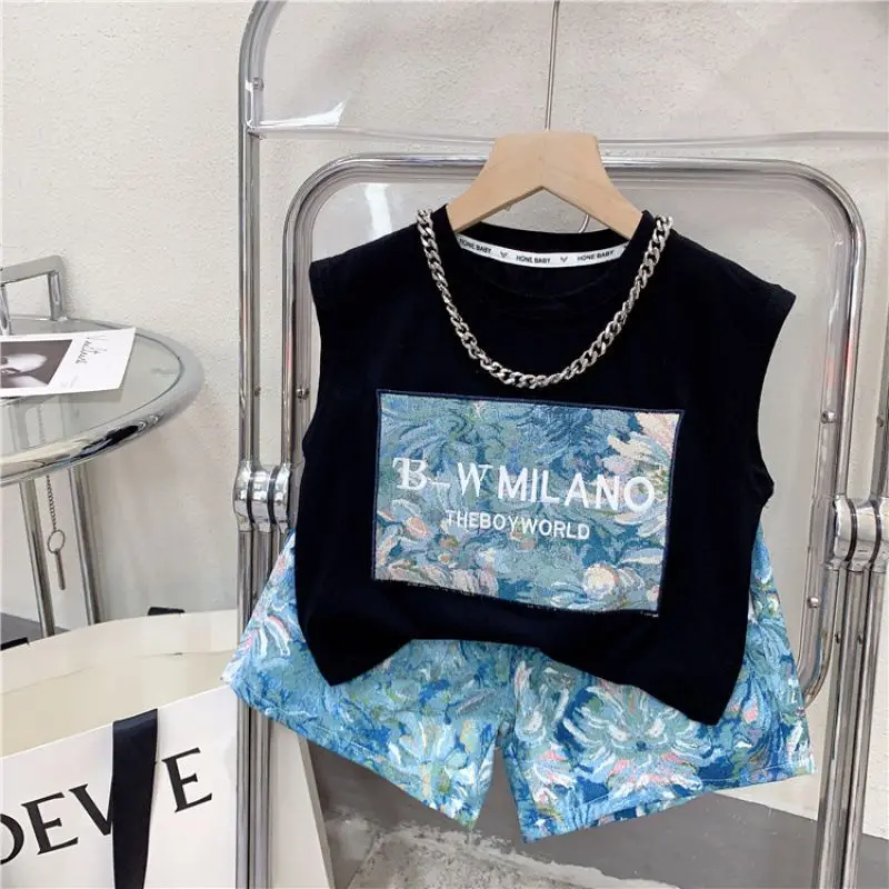 Kids Korean Personality Vest Set Summer Fashion Tide Sleeveless T-Shirt+Print Shorts 2pcs Street Outfits Baby Boys Sport Clothes