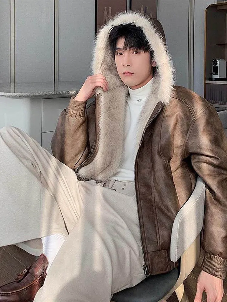 

2025 New Men's ort Thiened Leather Fur Inteated Jaet American Retro Fur Collar Mountain Eagle Cotton Coat Warm Casual