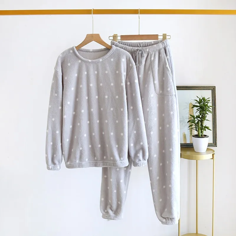 

Warm Autumn Winter Women's Long Sleeve Pajamas Set Dot Top And Pants Pjs Lounge Sets Fleece Home Wear Set Loose Coral Sleepwear