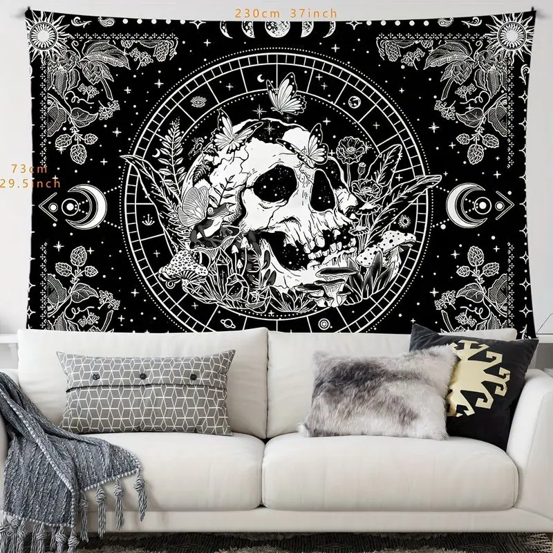 VIKAMA Wall Tapestry Dark Mysterious Style Skull Moon Phase Tapestry Black and White Astrology Printing Print Tapestry