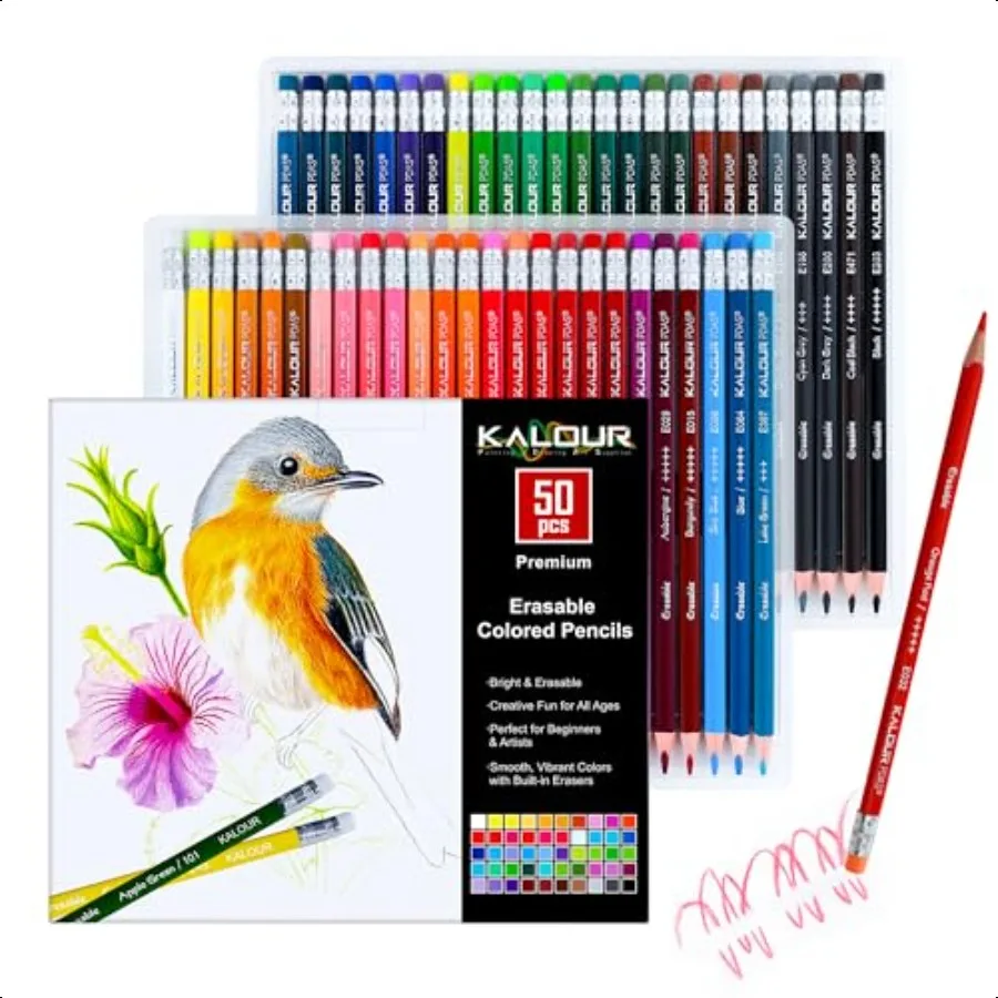 

Набор 50-цветных стираемых цветных карандашей, легко стираемые, яркие и гладкие цветные карандаши с ластиками, идеально подходят для рисования эскизов
