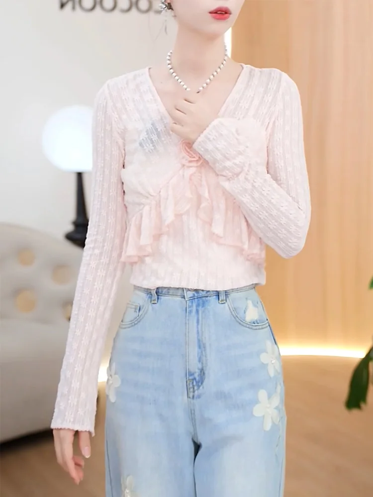 

Pink Sweet Lace Splicing Long Sve Top Faionable Versatile Large Size Soft Autumn Winter New Sle Snow Dr Princ Sle
