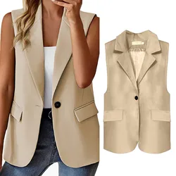 Women Blazer Waistcoat Lapel Single Button Sleeveless Formal Business Commute Straight Patch Pocket Solid Color Office Lady Coat