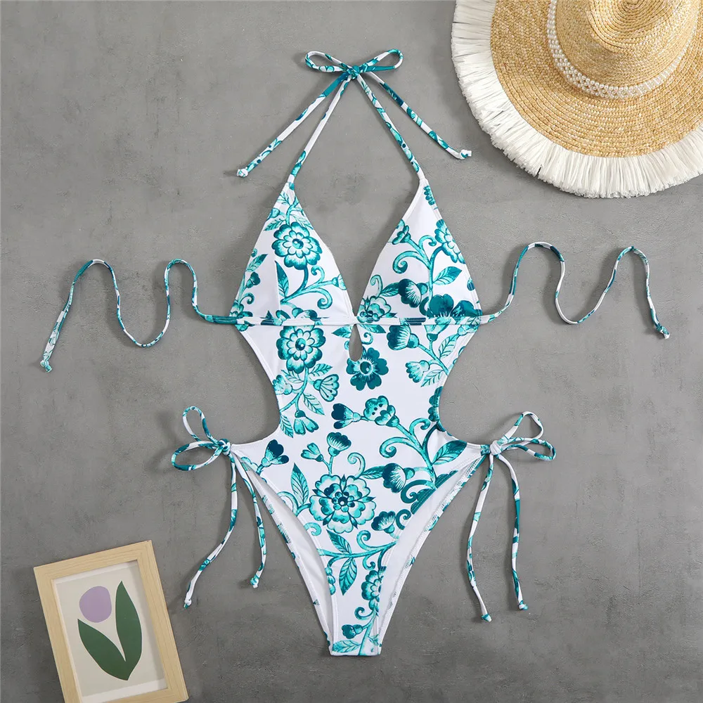 Vintage Blue Floral Print Swimwear String Halter Backless Sexy Swimsiut Women One Piece Hollow Out Monokini 2026 Bathing Suit view 6