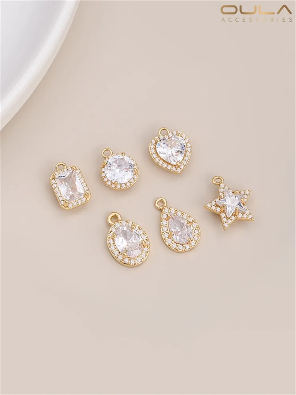 

14K Gold-Color Plated Geometric Drop Pendant with Micro-Inlaid Zircon Heart & Five-Pointed Star DIY Jewelry Pendant