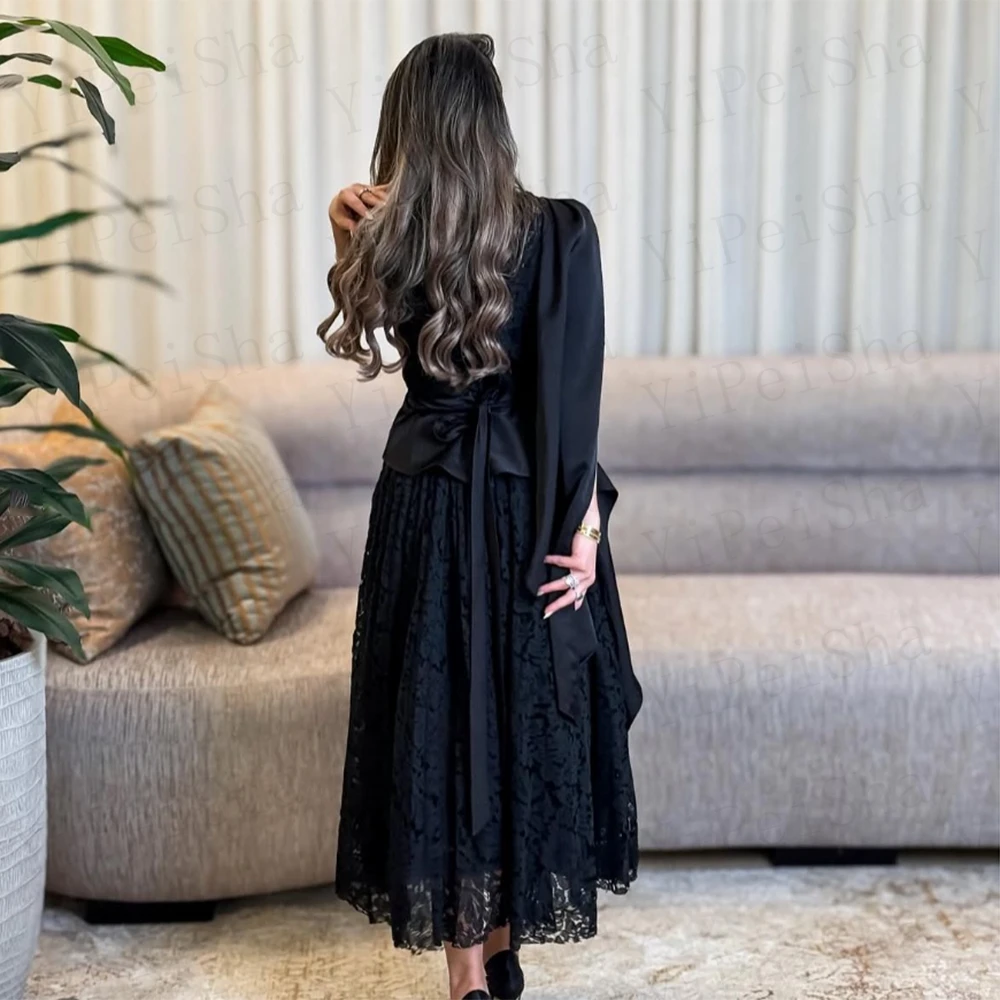 Customized Black A-Line Prom Dresses Tea-Length O-Neck Sleeveless Evening Gown Simple Fashion Lace Draped Bow Ruched Party Gown