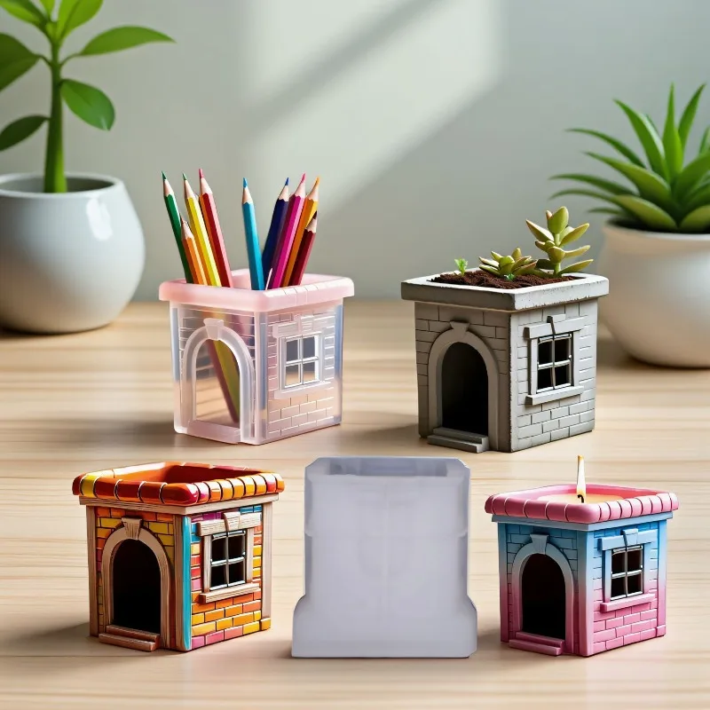 

Маленький кирпичный домик, чашка для свечи, силиконовые формы, сделай сам, декоративный цветочный горшок, гипсовая бетонная форма, коробка для хранения, банка, форма для эпоксидной смолы