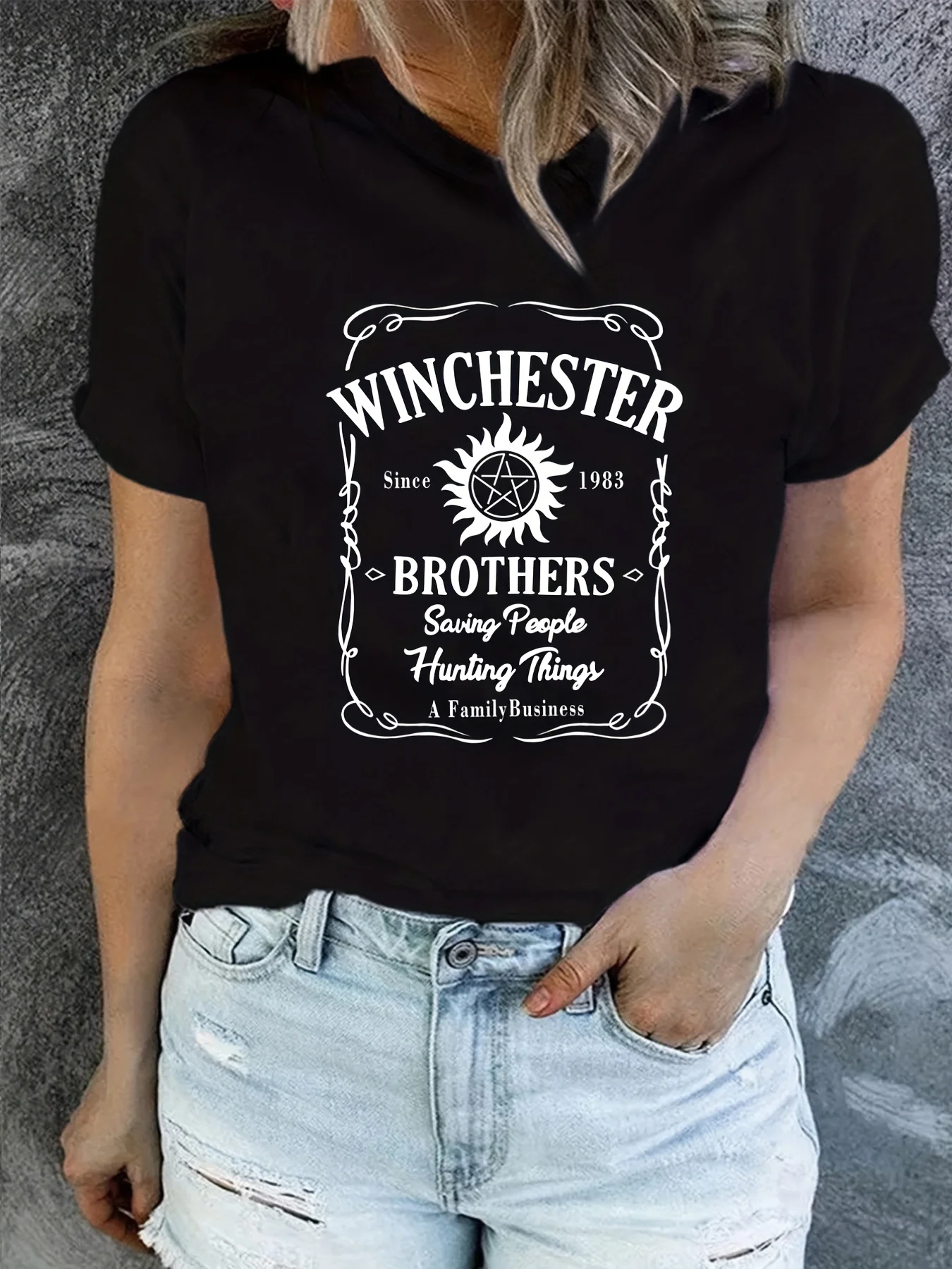 Winchester Brothers Womens Casual Graphic Tee - Soft  Comfy Polyester Mid-Stretch Machine Washable with Geometric Print