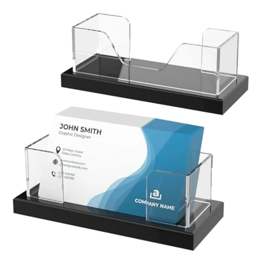 Acrylic Business Card Holder for Desk 2 Pack, Weighted Non-Slip Base Display Stand with 100-Card Capacity, Modern Professional