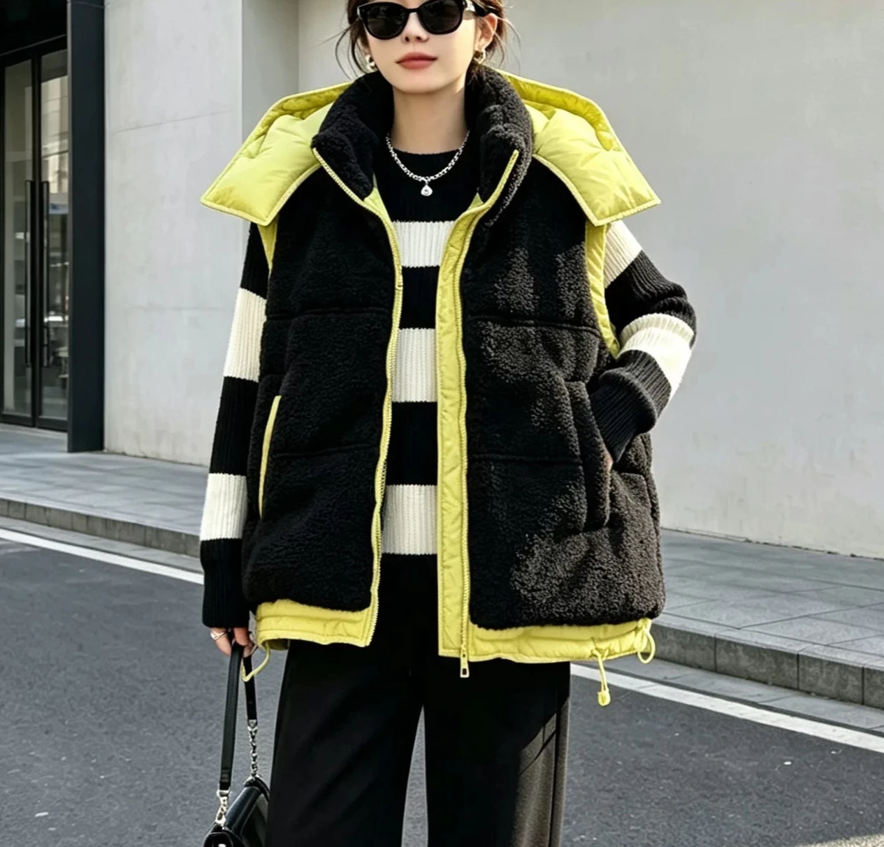 2026 Winter New Women's Vest Loose Hooded Imitation Lamb Wool Down Vest