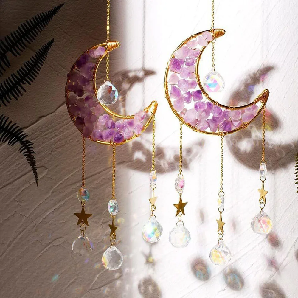 Custom Dogtooth Amethyst Chip Stone Moon Sun Catcher - Crystal Star & Ball Pendants Hanging Ornament for Window Decor