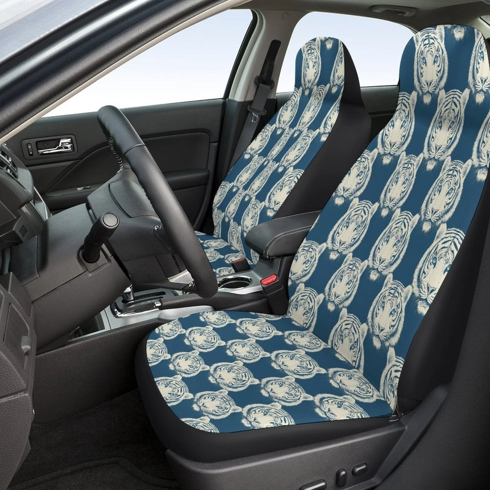 Set Of Car Seat Covers Featuring A Tiger Pattern, Suitable For A Variety Of Vehicles. Stylish And Unique, This Complete Set Incl