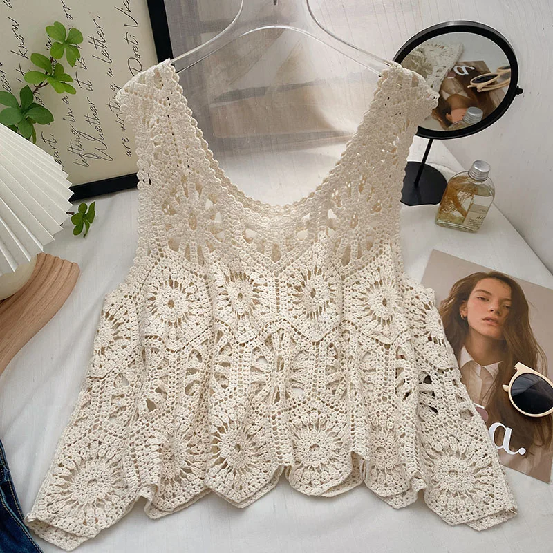 Boring Honey Round Collar Solid Colors Women's Clothes For Summer Retro Hollow Out Knitted Fashion Women Blouses Hollow Out Tops