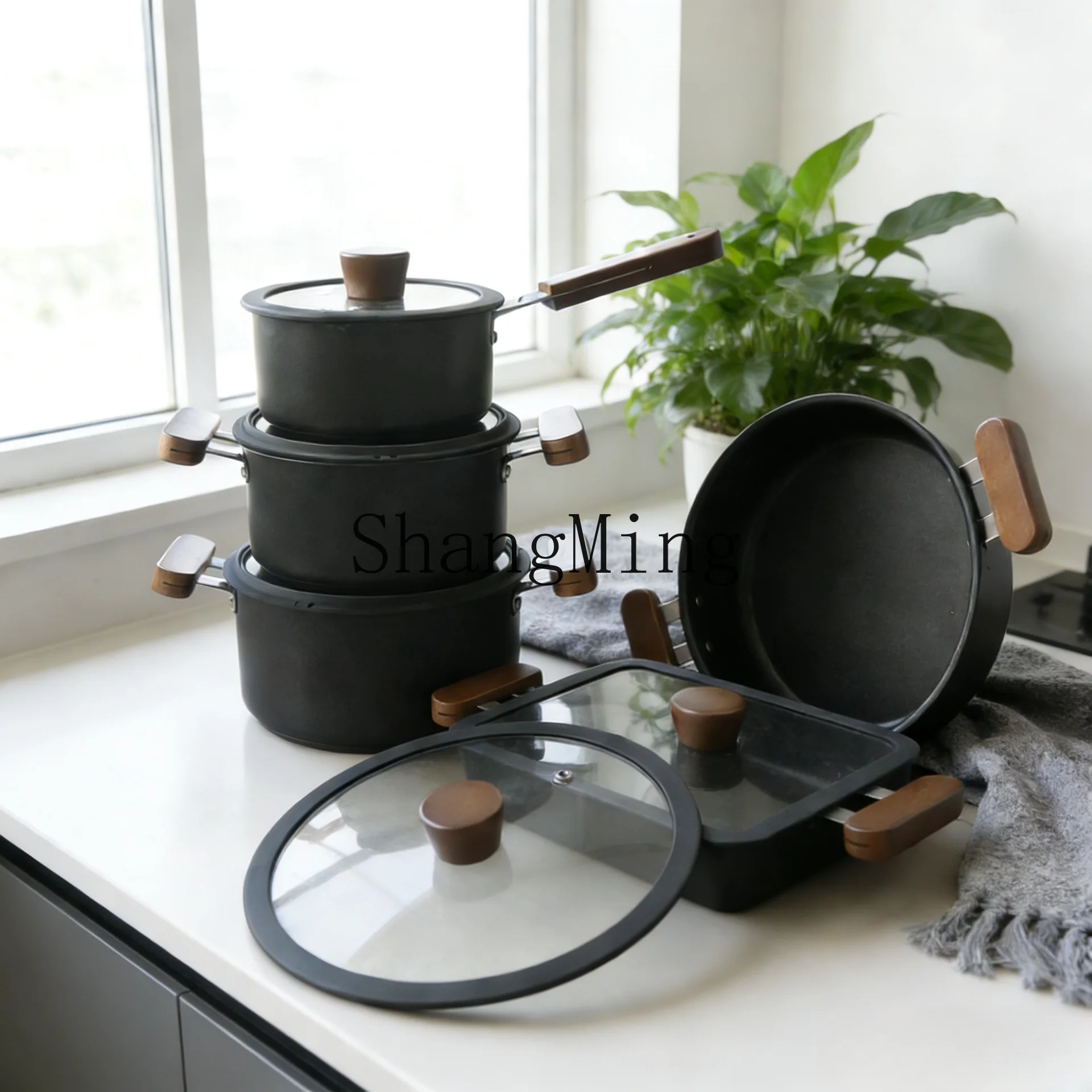 

PYH Stainless Pot 10-Piece Set Non-Stick Pot Grilled Fish Plate Silicone Glass Cover Cooking Pot